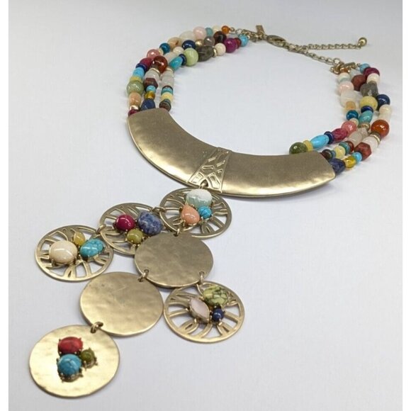 Chico's Huge Chunky Multi Strand Multi Color Stone Gold Tone Medallion Necklace - Picture 5 of 10